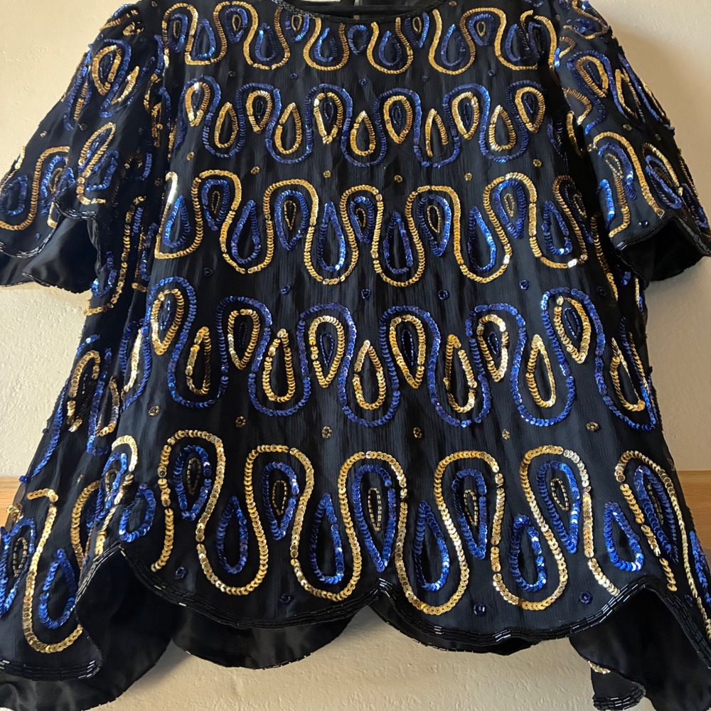 Laurence Kazar Vintage 100% Silk Sequin Top Black Gold Blue Swirl Plus 2X Glam